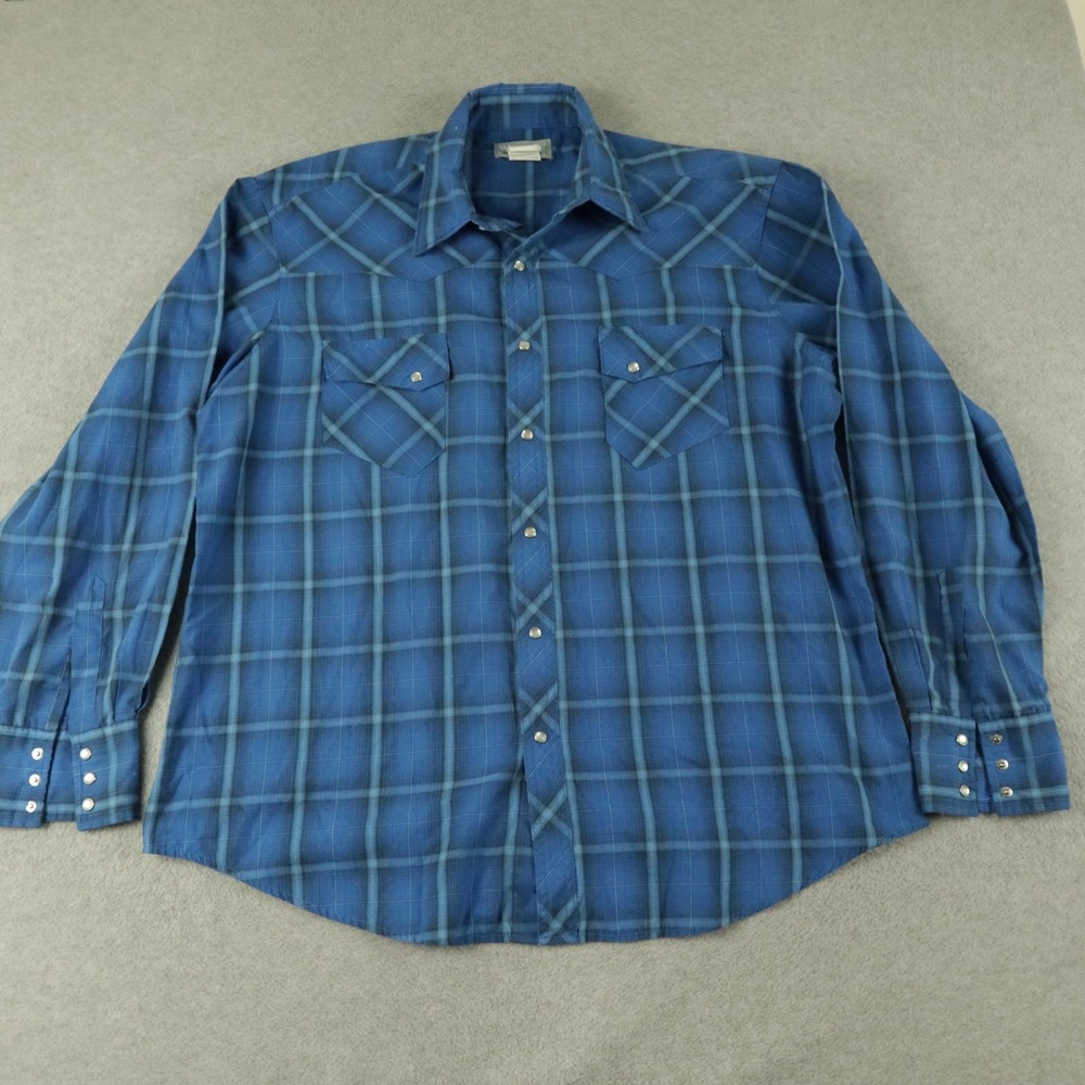 Wrangler Wrancher Shirt Mens XL Western Cowboy Pearl Snap Blue Plaid Long Sleeve